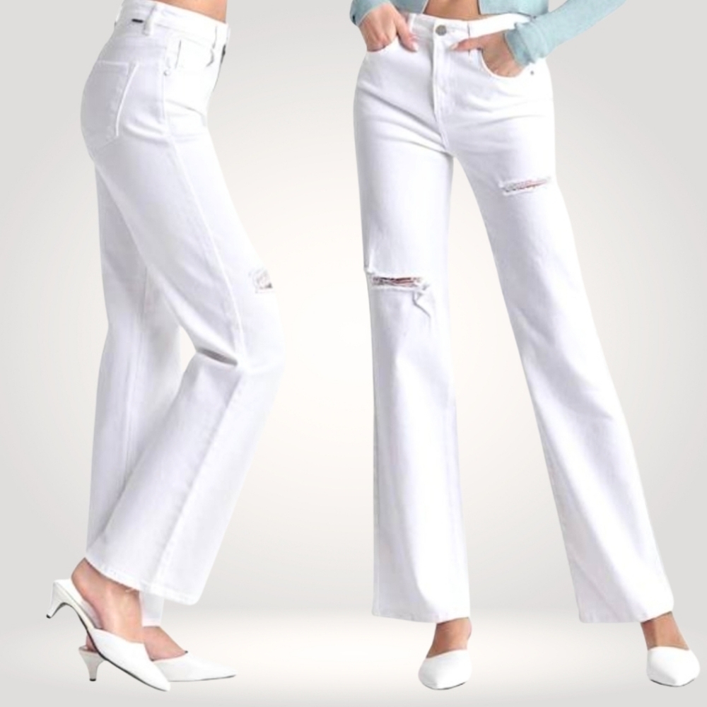 NEW RISEN High-Rise Straight Relaxed White Jeans Stretch Distressed Denim 15/32